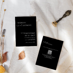 Invitation Minimaliste & moderne Black QR Code 2 en 1 Mariage