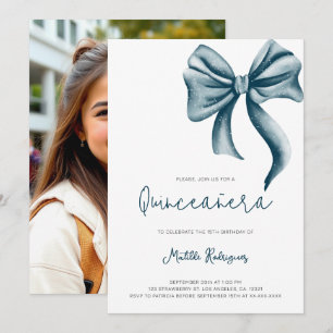 Invitation Minimaliste moderne Blue Bow Girl Photo Quinceaner