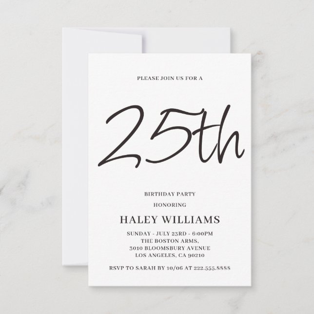 Invitation Minimaliste Moderne Calligraphie Simple 25e annive (Devant)
