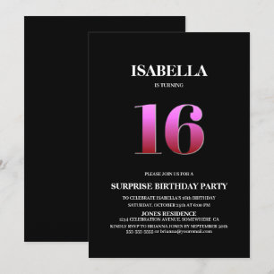 Invitation Minimaliste noir et rose Surprise 16e anniversaire