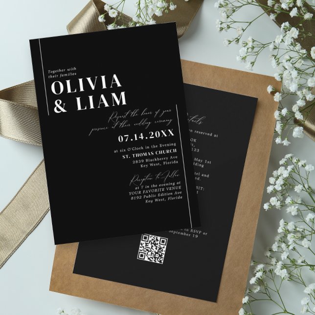 Invitation Minimaliste noir tout un RSVP QR Code Mariage (Créateur téléchargé)