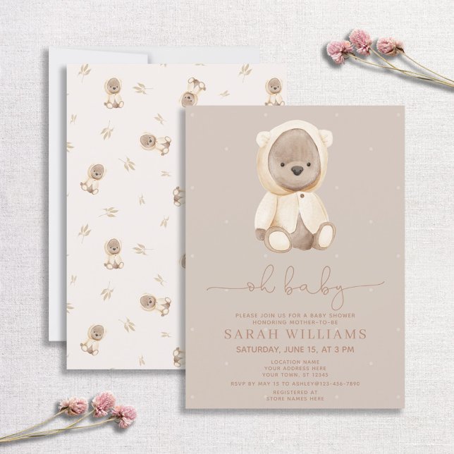 Invitation Minimaliste Oh Baby Brown Baby shower Ours (Créateur téléchargé)