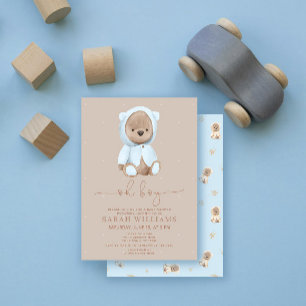 Invitation Minimaliste Oh Boy Dusty Baby shower d'ours bleu