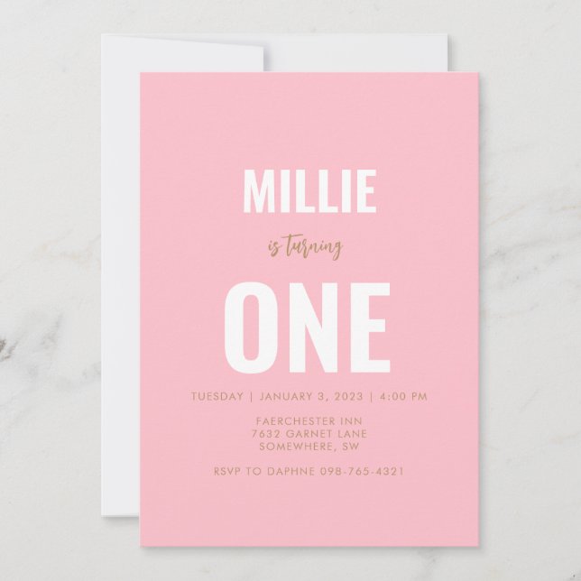 Invitation minimaliste rose 1er anniversaire (Devant)