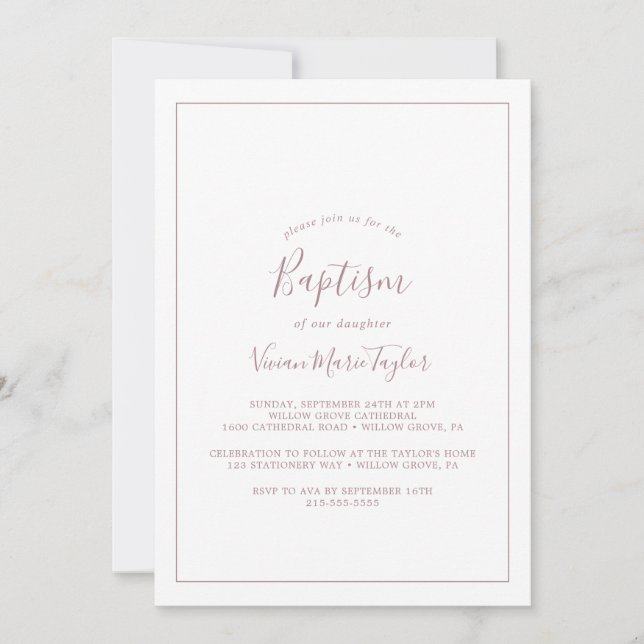 Invitation minimaliste Rose Gold Baptism (Devant)