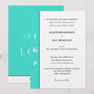 Invitation Minimaliste Turquoise Blanc Monogramme