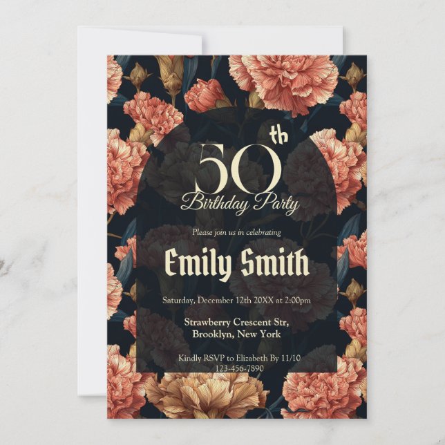 Invitation Minimalistic Carnation Sparkle 50Th Birthday (Devant)