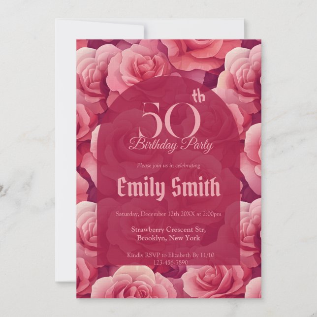 Invitation Minimalistic Rose Floral 50Th Birthday (Devant)