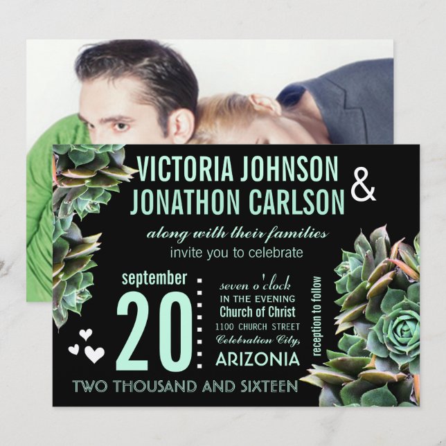 Invitation Mint et Black Your Photo Succulent Mariage moderne (Devant / Derrière)
