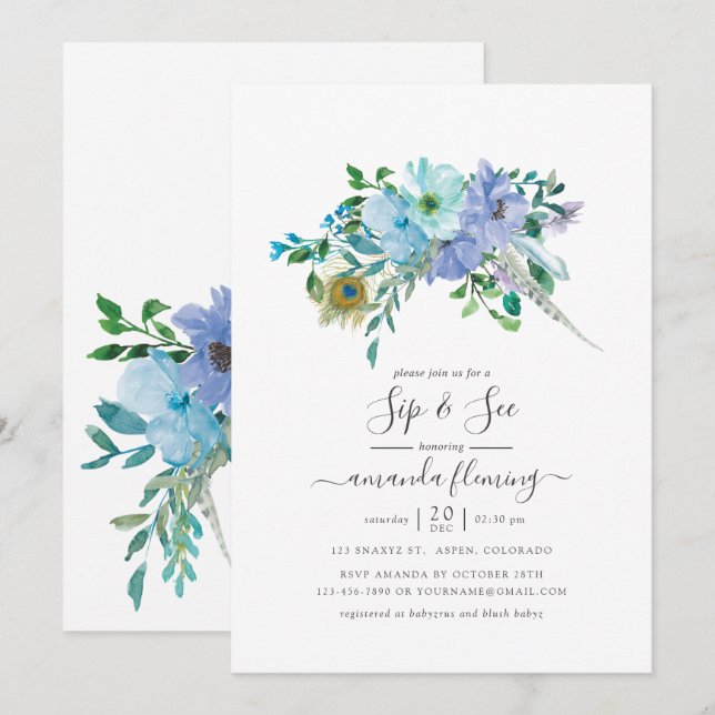 Invitation Mint et bleu Aquarelle Boho Floral Sip et voir (Devant / Derrière)