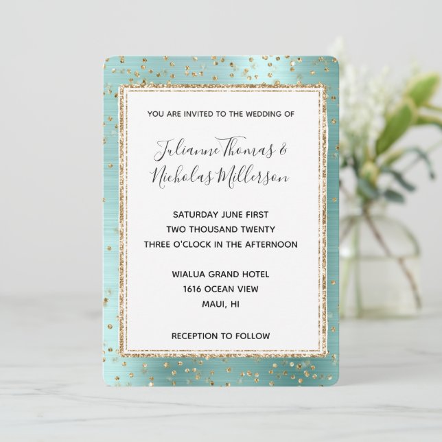 Invitation Mint Glam Gold Sparkle Confetti Mariage (Debout devant)