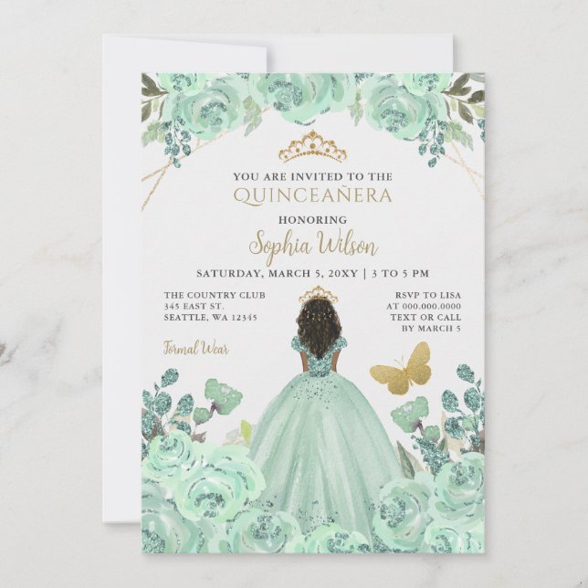 Invitation Mint Gold Floral Princess Quinceañera Quince (Devant)