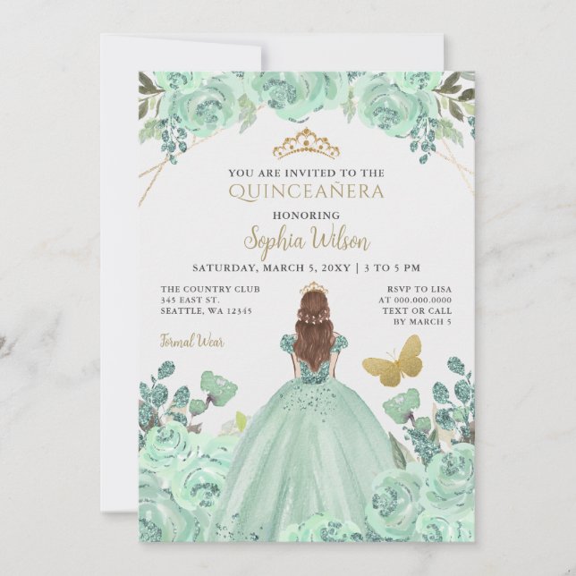 Invitation Mint Gold Floral Princess Quinceañera Quince (Devant)