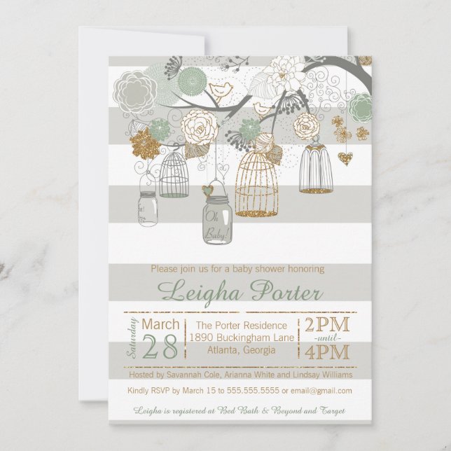 Invitation Mint Gold Parties scintillant Baby shower Mason Ja (Devant)