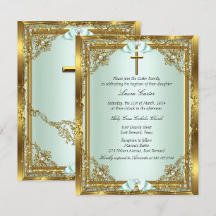 Invitation Mint Gold Pearl Damask Cross Baptism Christening 3