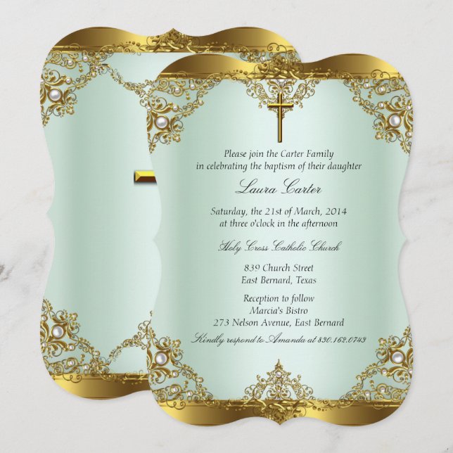 Invitation Mint Gold Pearl Damask Cross Baptism Christening 3 (Devant / Derrière)