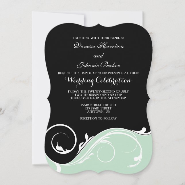 Invitation Mint Green Black Swirl Bracket Wedet Invite (Devant)