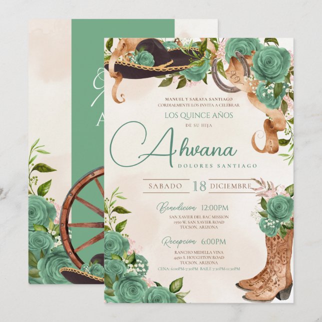 Invitation Mint Green Charra Quinceañera Western Sage Rose (Devant / Derrière)
