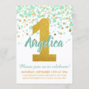 Invitation Mint Green Gold 1er anniversaire Confetti Annivers