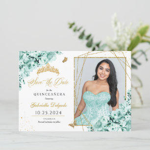 Invitation Mint Green & Gold Quinceañera Enregistrer La Date 