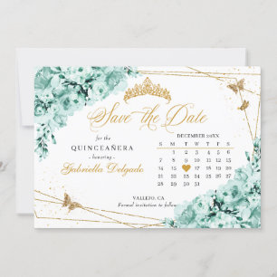 Invitation Mint Green & Gold Quinceañera Enregistrer La Date