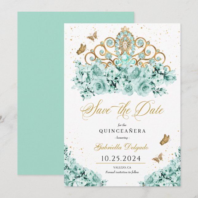 Invitation Mint Green & Gold Tiara Enregistrer La Date Quince (Devant / Derrière)