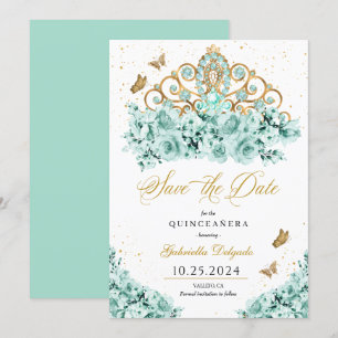 Invitation Mint Green & Gold Tiara Enregistrer La Date Quince