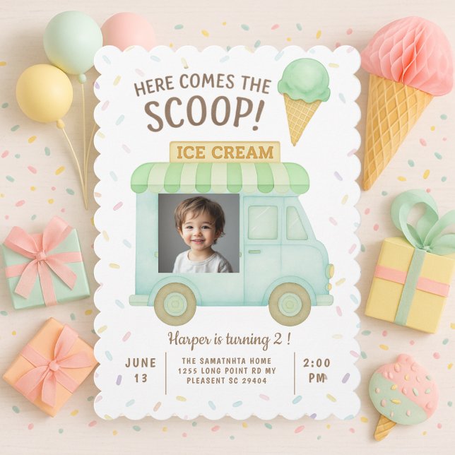 Invitation Mint Green Ice Cream Truck Photo Birthday  (Créateur téléchargé)