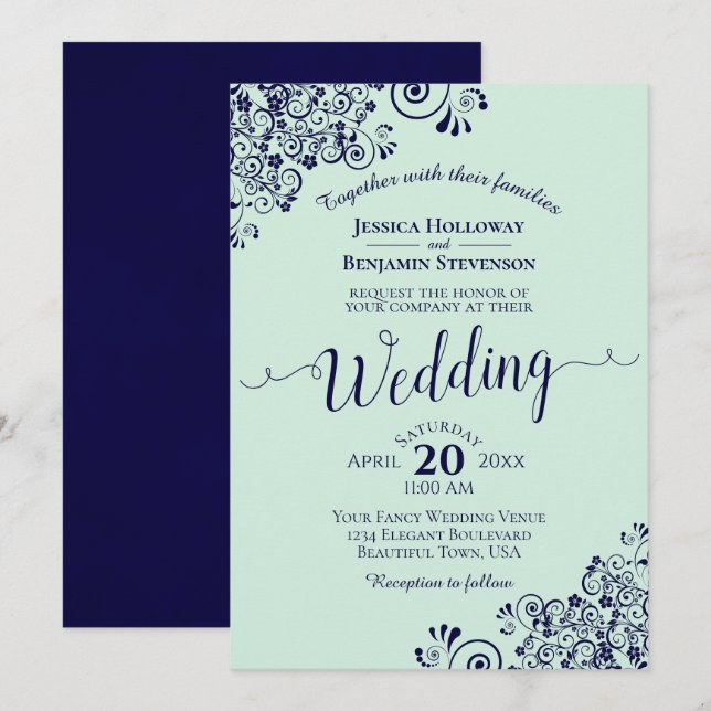 Invitation Mint Green & Navy Blue Lace Frils Mariage (Devant / Derrière)