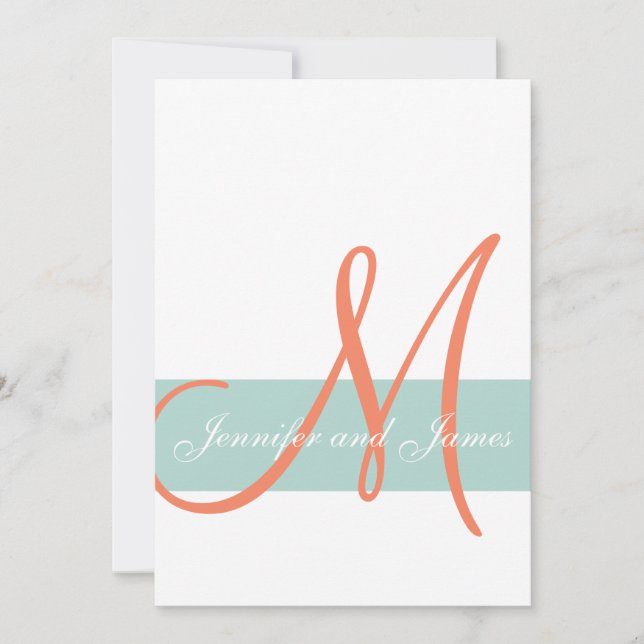Invitation Mint Green Orange Monogramme Noms Mariage simple (Devant)