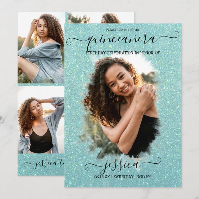 Invitation Mint Green Parties scintillant Halo Photo Collage  (Devant / Derrière)