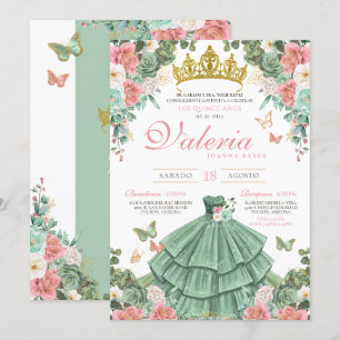 Invitation Mint Green Pink Gold Élégante Princesse Quinceaner