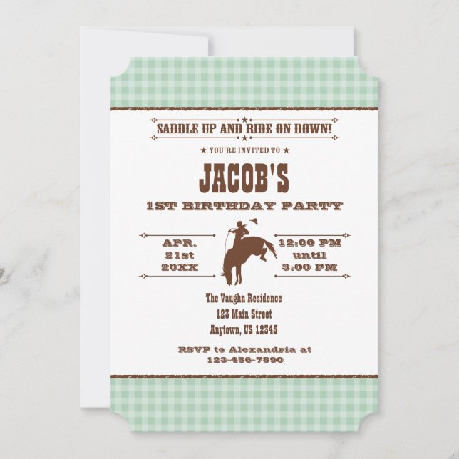 Invitation Mint Green Plaid Cowboy Rodeo Anniversaire Invitat (Devant)