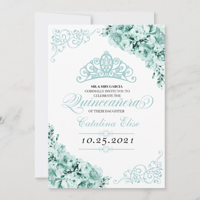 Invitation Mint Green Princess Crown Quinceanera Anniversaire (Devant)