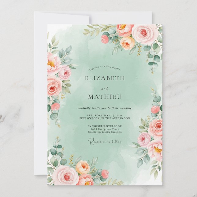 Invitation Mint Green Romantic Floral Wedding (Devant)