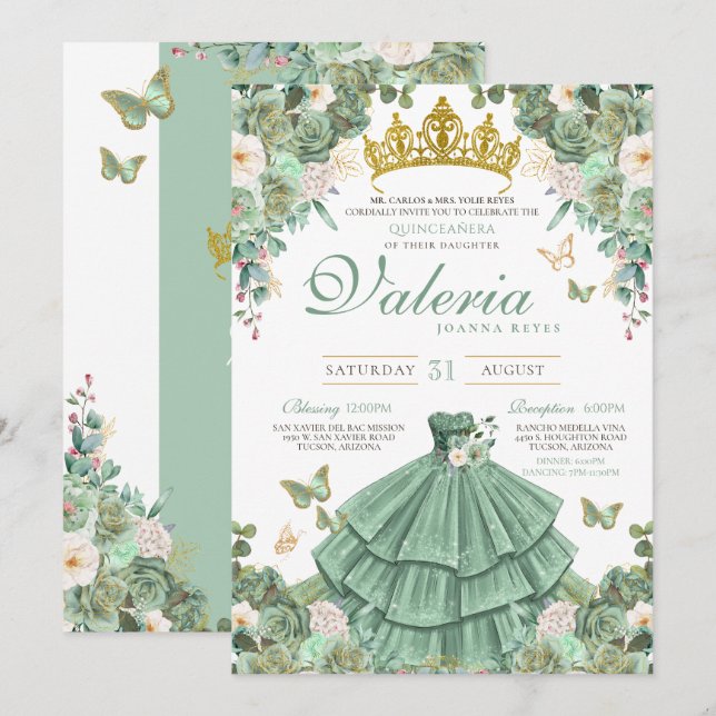 Invitation Mint Green Rose Butterfly Princess Quinceanera (Devant / Derrière)