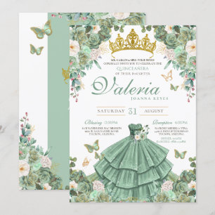 Invitation Mint Green Rose Butterfly Princess Quinceanera