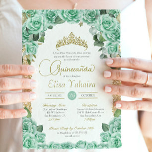 Invitation Mint Green Rose Floral Gold Elegant Quinceanera