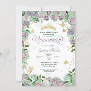 Invitation  Mint Green Roses Élégant Papillon Quinceanera dan