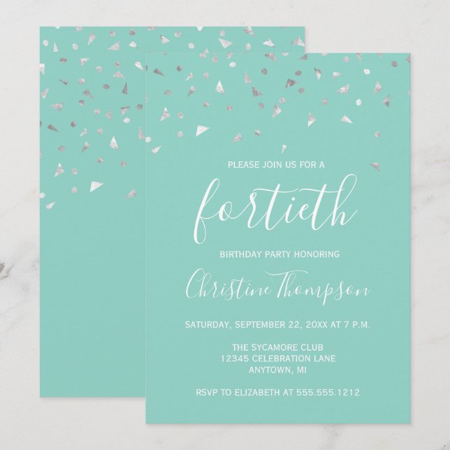 Invitation Mint Green Silver Confetti 40e anniversaire fête (Devant / Derrière)