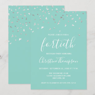 Invitation Mint Green Silver Confetti 40e anniversaire fête