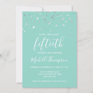 Invitation Mint Green Silver Confetti 50e fête d'anniversaire
