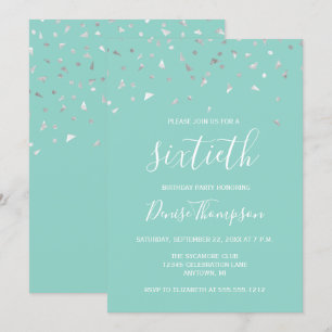 Invitation Mint Green Silver Confetti 60e fête d'anniversaire