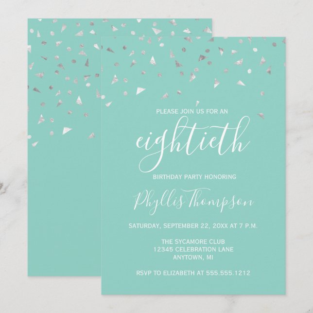 Invitation Mint Green Silver Confetti 80e fête d'anniversaire (Devant / Derrière)