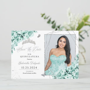 Invitation Mint Green Silver Quinceañera Enregistrer la date 