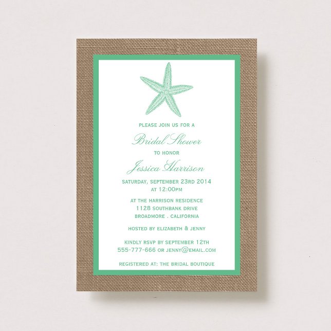 Invitation Mint Green Starfish Beach Burlap Fête des mariées (Créateur téléchargé)