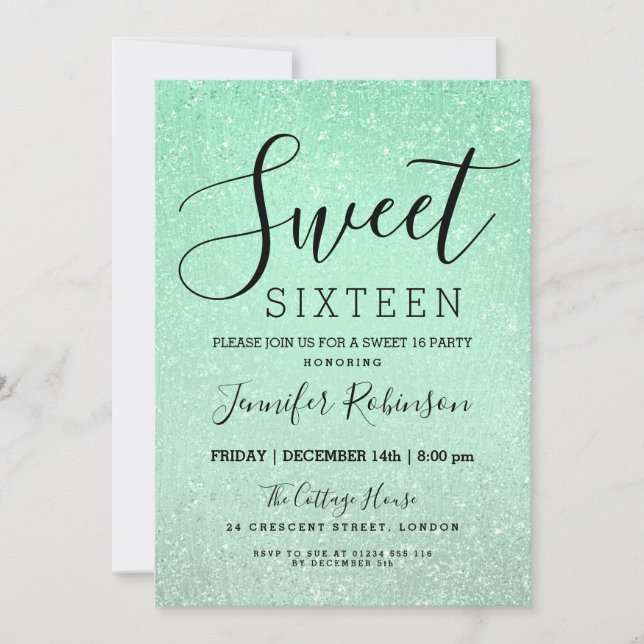 Invitation Mint Green Sweet 16 Anniversaire Parties scintilla (Devant)