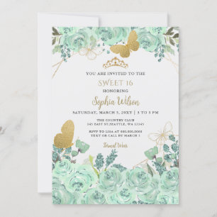 Invitation Mint Or Floral Tiara Butterfly Sweet 16