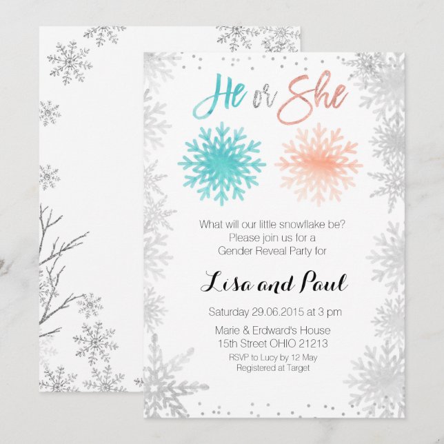 Invitation Mint Snowflakes hiver genre révéler l'invitation (Devant / Derrière)
