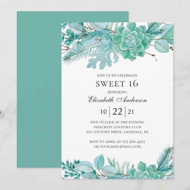 Invitation Mint Sweet 16. Aquarelle succulents 16e anniversai (Devant / Derrière)